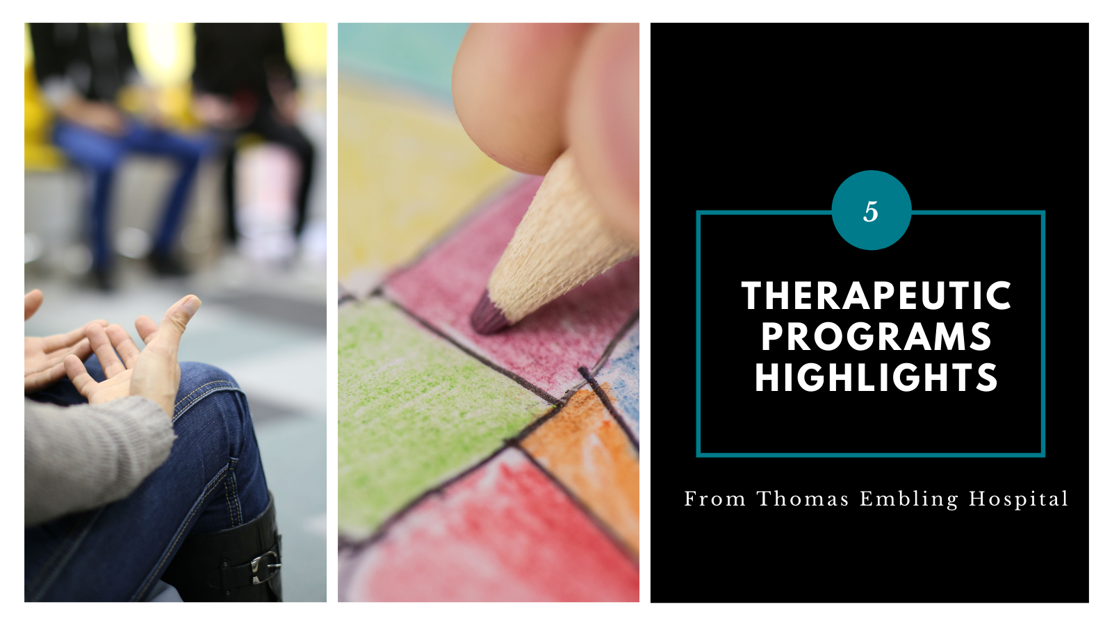 An image with a person in group therapy, an image with a person drawing, and the words: "5 therapeutic program highlights from Thomas Embling Hospital.